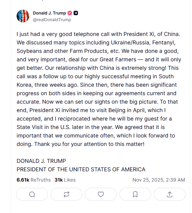 トランプ氏が習近平との電話会談について投稿した Truth Social の原文