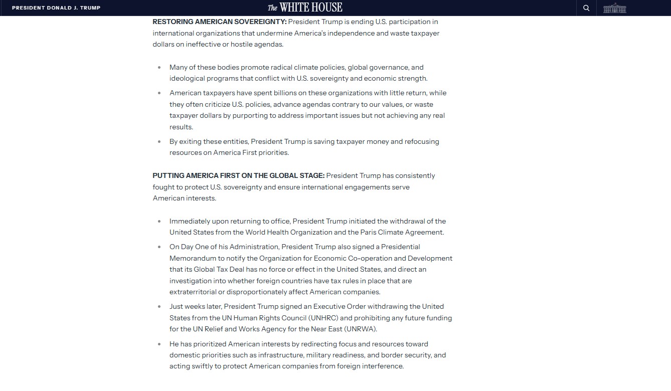 ホワイトハウス発表：主権とAmerica Firstを理由に国際機関離脱を正当化